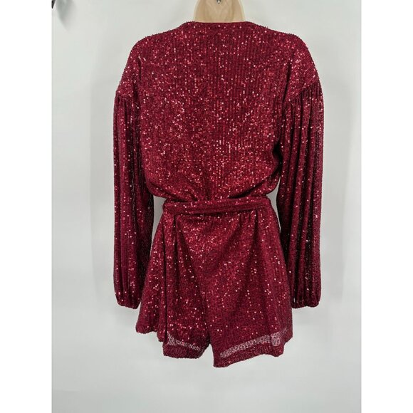 She + Sky Ruby Red Sequin Romper With Long Sleeves & Tie Waist Size Small - Picture 4 of 7